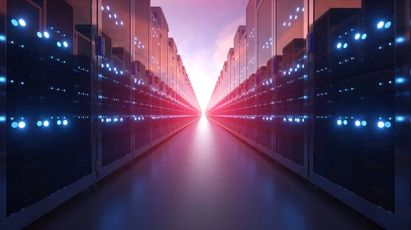 青い空の背景にネットワークサーバーマシンファームクラウドコンピューティングハードウェアの行の3Dレンダリング — ストック写真