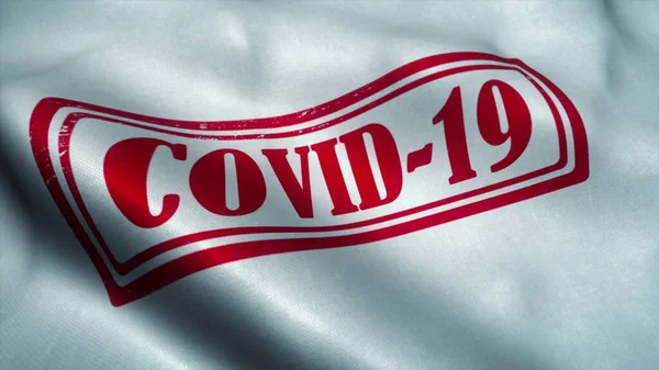 Bandera de sello Covid-19 ondeando en el viento. Concepto de brote de coronavirus. Signo de Coronavirus. ilustración 3d — Foto de Stock
