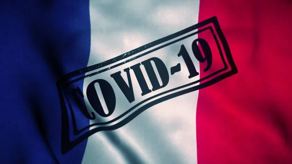 Timbro Covid-19 sulla bandiera nazionale della Francia. Concetto di Coronavirus. Illustrazione 3d — Foto Stock