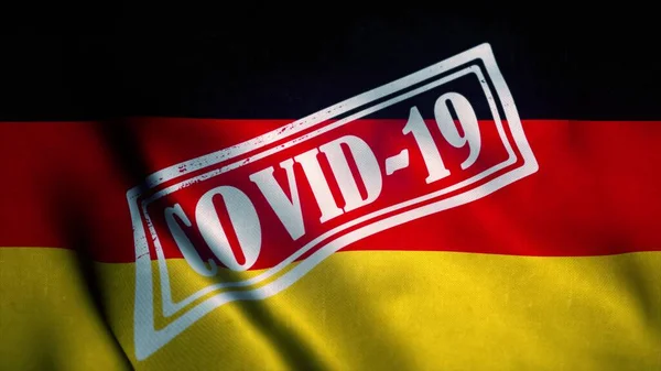 Timbro Covid-19 sulla bandiera nazionale della Germania. Concetto di Coronavirus. Illustrazione 3d — Foto Stock