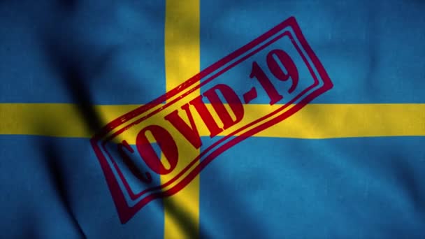 Covid-19 pecsét Svédország nemzeti lobogóján. A koronavírus fogalma — Stock videók