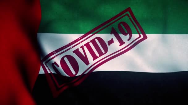 Штамп Ковид-19 на государственном флаге ОАЭ или Объединенных Арабских Эмиратов. Коронавирусная концепция — стоковое видео