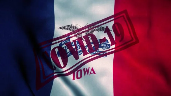 Ulusal Iowa bayrağında Covid-19 damgası. Coronavirus konsepti. 3d illüstrasyon — Stok fotoğraf
