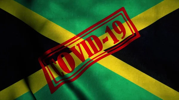 Covid-19 razítko na národní vlajce Jamajky. Koncept koronaviru. 3D ilustrace — Stock fotografie