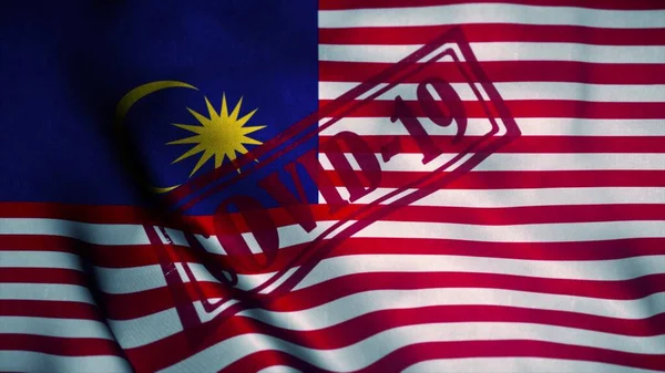 Covid-19 stamp on the national flag of Malaysia. Coronavirus concept. 3d illustration — Stock Photo, Image