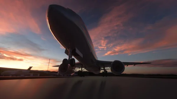 Avión Comercial Aterrizando Atardecer Ilustración —  Fotos de Stock