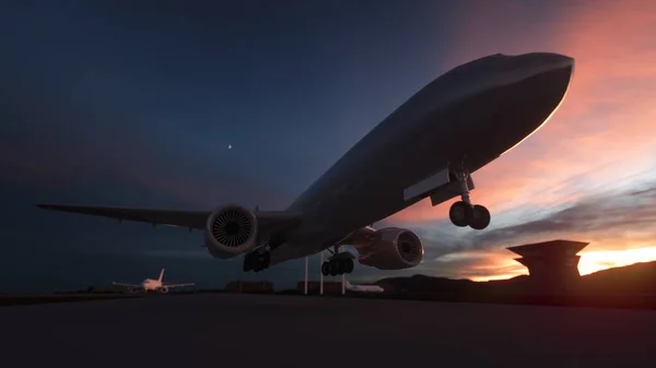 日没の商業航空機着陸 3Dイラスト — ストック写真