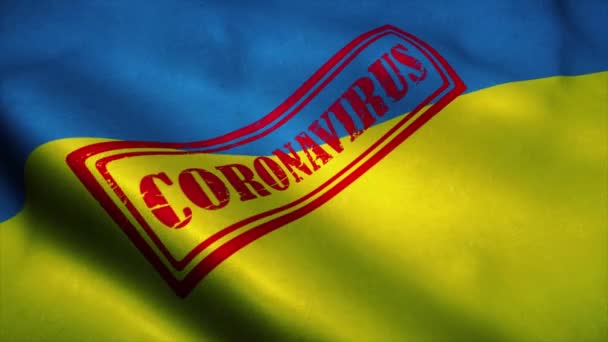Razítko CORONAVIRUS na národní vlajce Ukrajiny. Koncept koronaviru. 3D ilustrace — Stock video