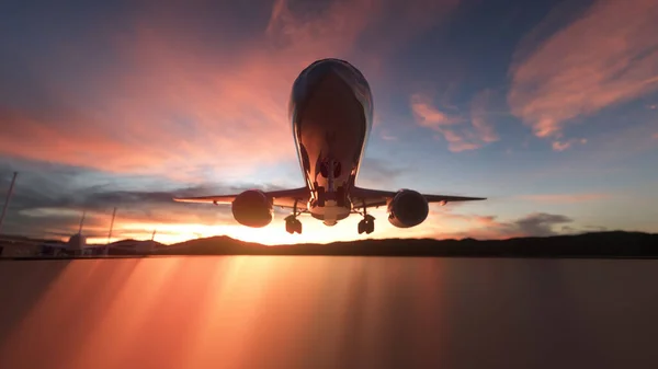 Avião Comercial Aterrar Pôr Sol Ilustração — Fotografia de Stock