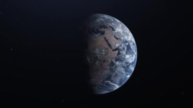 Uzayda dönen ve uzaklaşan Ultra Gerçekçi Dünya, arka plandaki yıldızlar - 4K