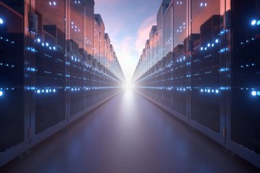 Mavi gökyüzü arkaplanındaki ağ sunucularının 3d görüntülenmesi makine çiftliği bulut hesaplama donanımı