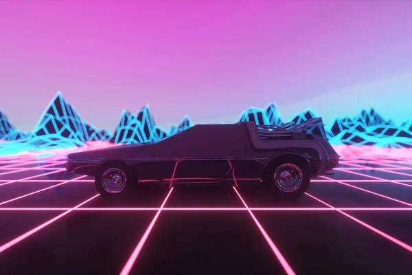 Retro przyszłość. Styl lat 80-tych sci-fi tle z supersamochodem. Futurystyczny samochód retro. 3d renderowanie — Zdjęcie stockowe
