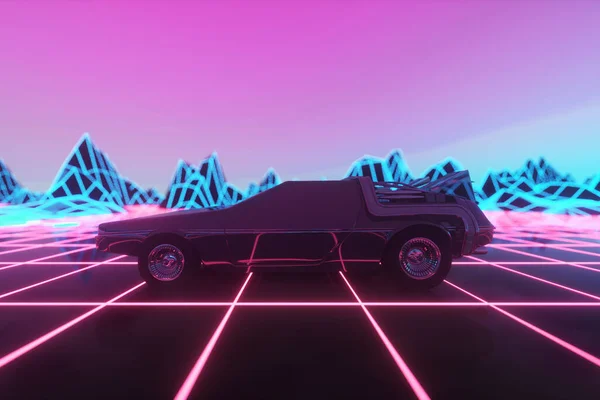 Futuro retro. Estilo años 80 fondo de ciencia ficción con superdeportivo. Coche retro futurista. renderizado 3d — Foto de Stock