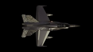Jet Fighter. Siyah arka planda askeri uçak. Üst Manzara. Gerçekçi 3 boyutlu animasyon. Alfa kanalı dahil