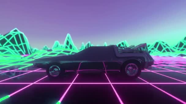 Retro-Zukunft. Science-Fiction-Hintergrund im Stil der 80er Jahre mit Supersportwagen. Futuristisches Retro-Auto. Nahtlose 3D-Videoanimation in Schleife — Stockvideo