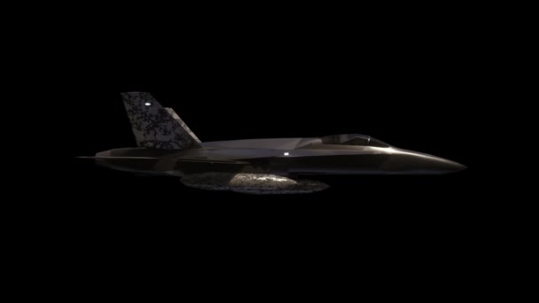 Jet Fighter. Military aircraft on black background. Side view. Realistic 3d animation. Alpha channel included — Stock Video