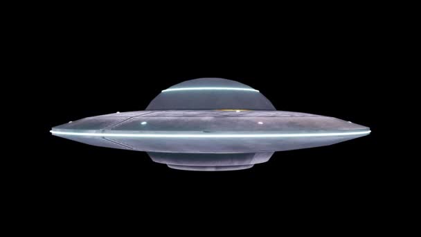 Vliegende schotel isoleren op zwart scherm. UFO. Alfa kanaal inbegrepen. 4K animatie — Stockvideo