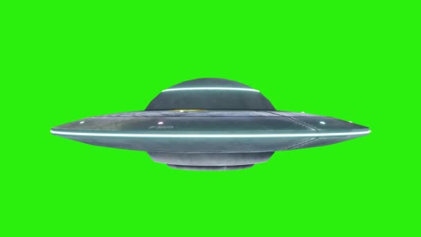 UFO - Létající talíř s modrými světly rotující nekonečné opakování smyčky - izolované na zeleném pozadí obrazovky