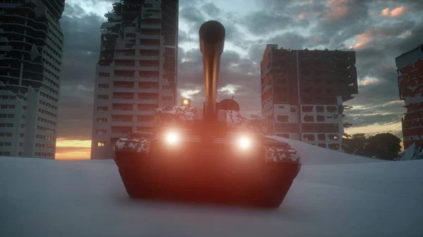 Şehrin harabelerinde ağır bir tank var. Apokaliptik manzara. 3d oluşturma — Stok fotoğraf