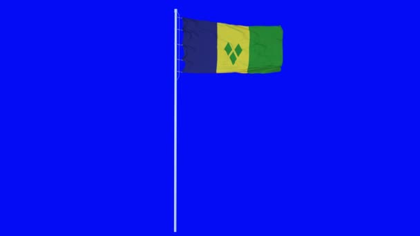 Die Flagge von Saint Vincent und den Grenadinen weht im Wind auf blauem Bildschirm oder Chroma-Key-Hintergrund. 3D-Darstellung — Stockvideo