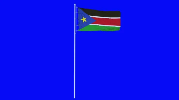 Güney Sudan Bayrağı Mavi Ekranda Rüzgarda Dalgalanıyor Krom Anahtar Arka — Stok fotoğraf