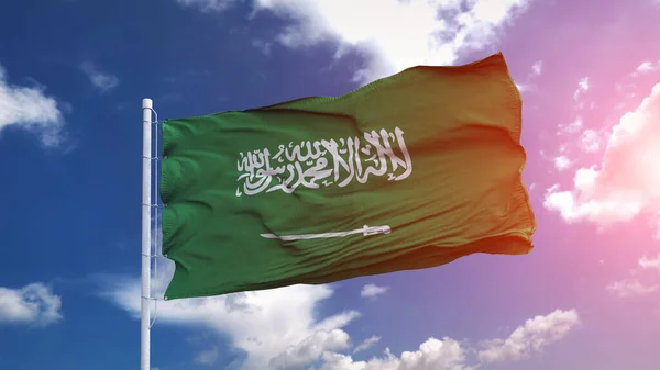 Saudiarabiens Nationalflagga Viftar Den Blå Himlen Med Vackert Solljus Illustration — Stockfoto