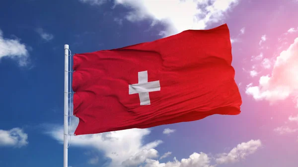 Zwitserland Nationale Vlag Zwaaien Blauwe Hemel Met Prachtig Zonlicht Illustratie — Stockfoto