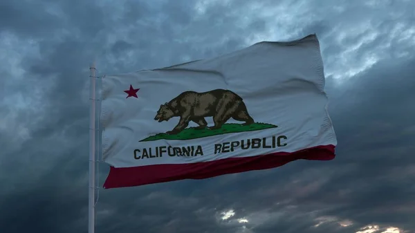 Kaliforniya 'nın gerçekçi bayrağı şiddetli fırtınalı gökyüzüne karşı rüzgarda dalgalanıyor. 3d illüstrasyon — Stok fotoğraf