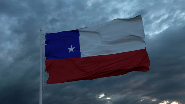 Şili 'nin gerçekçi bayrağı fırtınalı gökyüzüne karşı rüzgarda dalgalanıyor. 3d illüstrasyon — Stok fotoğraf