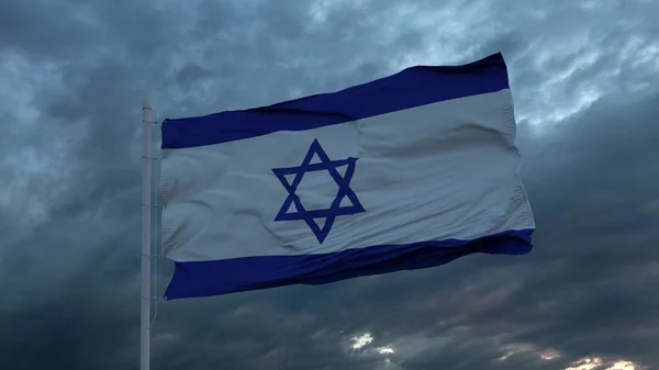 Israels realistiska flagga viftar i vinden mot en djup tung stormig himmel. 3D-illustration — Stockfoto