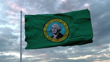 Washington 'un gerçekçi bayrağı - ABD eyaleti derin dramatik gökyüzüne karşı rüzgarda sallanıyor. 4K UHD 60 FPS Yavaş Çekim