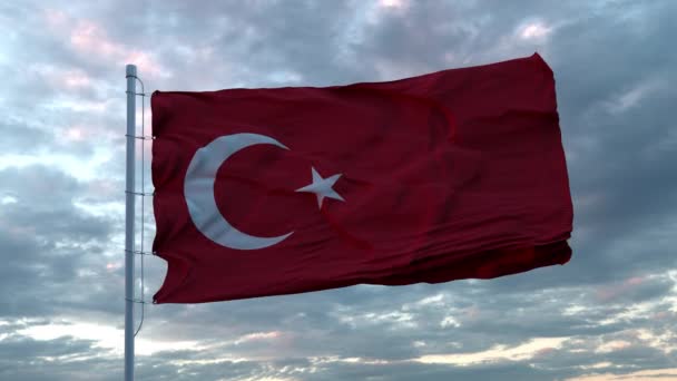 Bandera realista de Turquía ondeando en el viento contra el cielo dramático profundo. 4K UHD 60 FPS cámara lenta — Vídeos de Stock