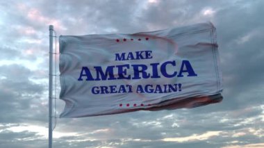 Donald Trump 'ın başkanlık kampanyası sloganı rüzgarda sallanırken bayrağın fotogerçekçi animasyonu. Kusursuz döngü. 4K