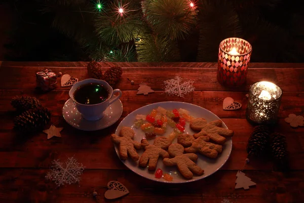 Lumières Noël Thé Biscuits Bougies Aux Chandeliers — Photo