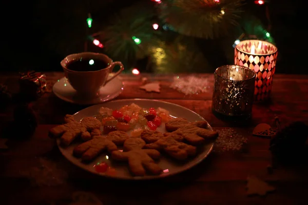 Lumières Noël Thé Biscuits Bougies Aux Chandeliers — Photo