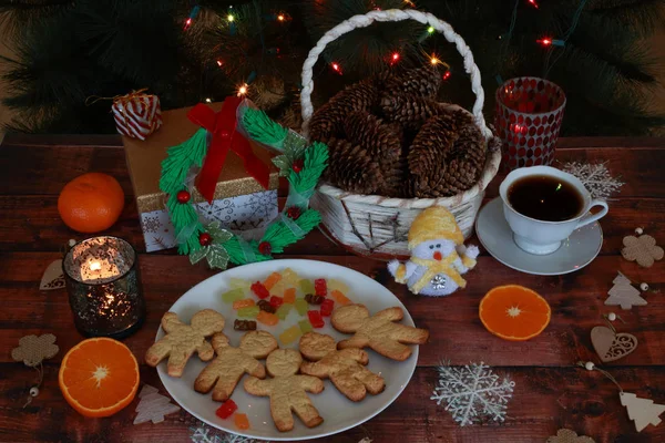 Рождественский Венок Подарками Сладости Оленем Апельсином — стоковое фото