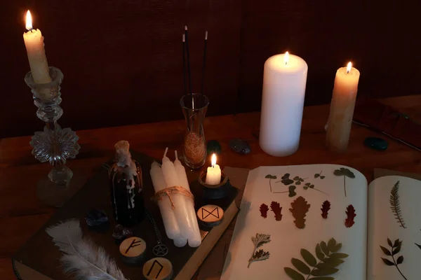 magic ritual of the alchemist with candles, runes and symbols