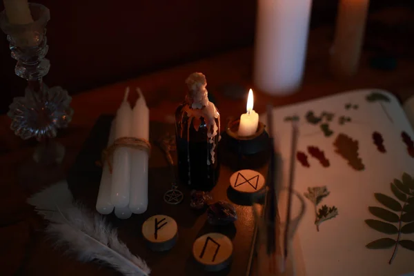 magic ritual of the alchemist with candles, runes and symbols