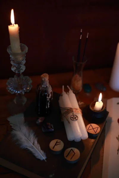 Magic Ritual Alchemist Candles Runes Symbols — 스톡 사진
