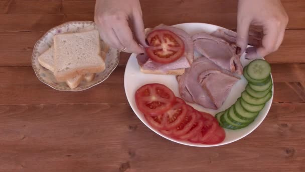 Delicioso Sándwich Con Carne Verduras — Vídeo de stock