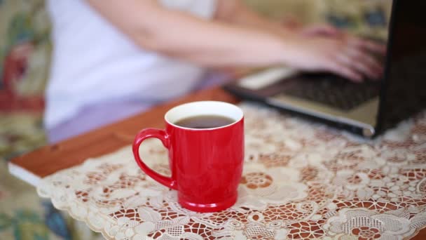 Una Mujer Trabaja Casa Portátil — Vídeos de Stock