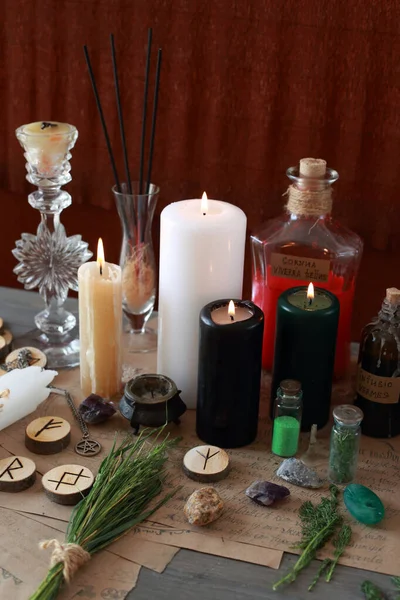 magic ritual with runes and pentagram and magical attributes