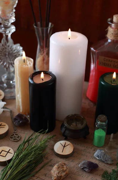 magic ritual with runes and pentagram and magical attributes