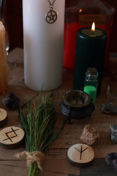 magic ritual with runes and pentagram and magical attributes