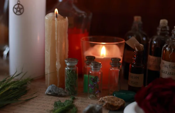 magic ritual with runes and pentagram and magical attributes