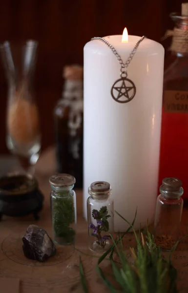 magic ritual with runes and pentagram and magical attributes