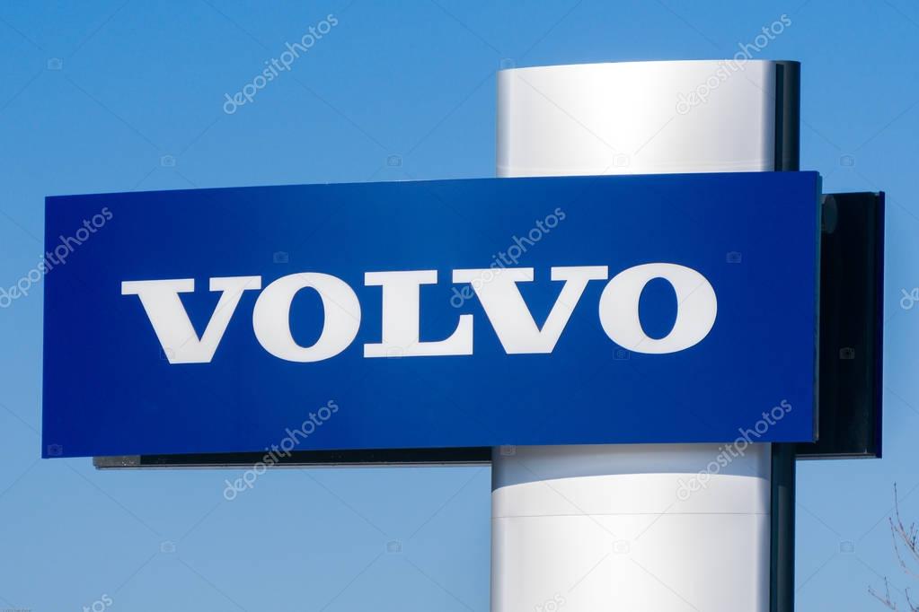 MINNEAPOLIS, MN/USA - JANUARY 14, 2017:  Volvo automobile dealership sign and logo. Volvo is a Swedish manufacturer of automobiles.