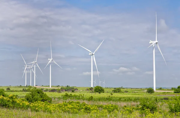 Insamling av vindkraftverk i landsbygdens fält — Stockfoto