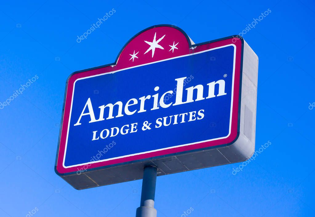 BALDWIN, WI/USA - JANUARY 7, 2017: AmericInn Motel sign and logo. AmericInn is an American hotel franchise chain.
