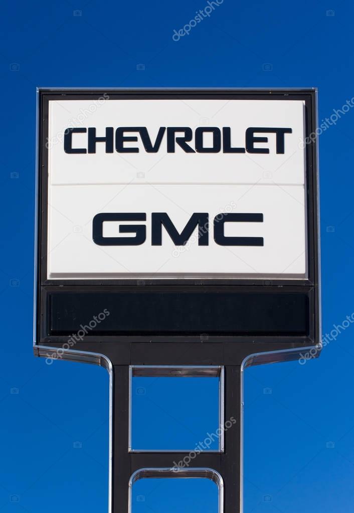 HUDSON, WI/USA - FEBRUARY 5, 2017: Chevrolet and GMC automobile dealership sign.  Chevrolet and GMC are American automobile divisions of the American manufacturer General Motors.